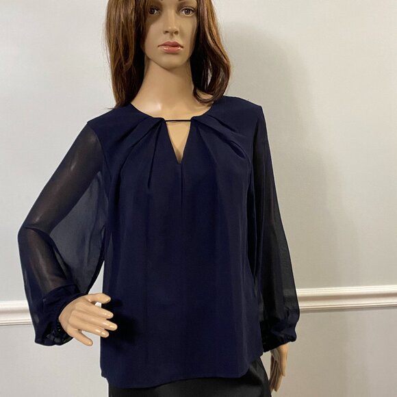 Calvin Klein Dark Navy Sheer Sleeve Blouse NWT Size S - Picture 1 of 7